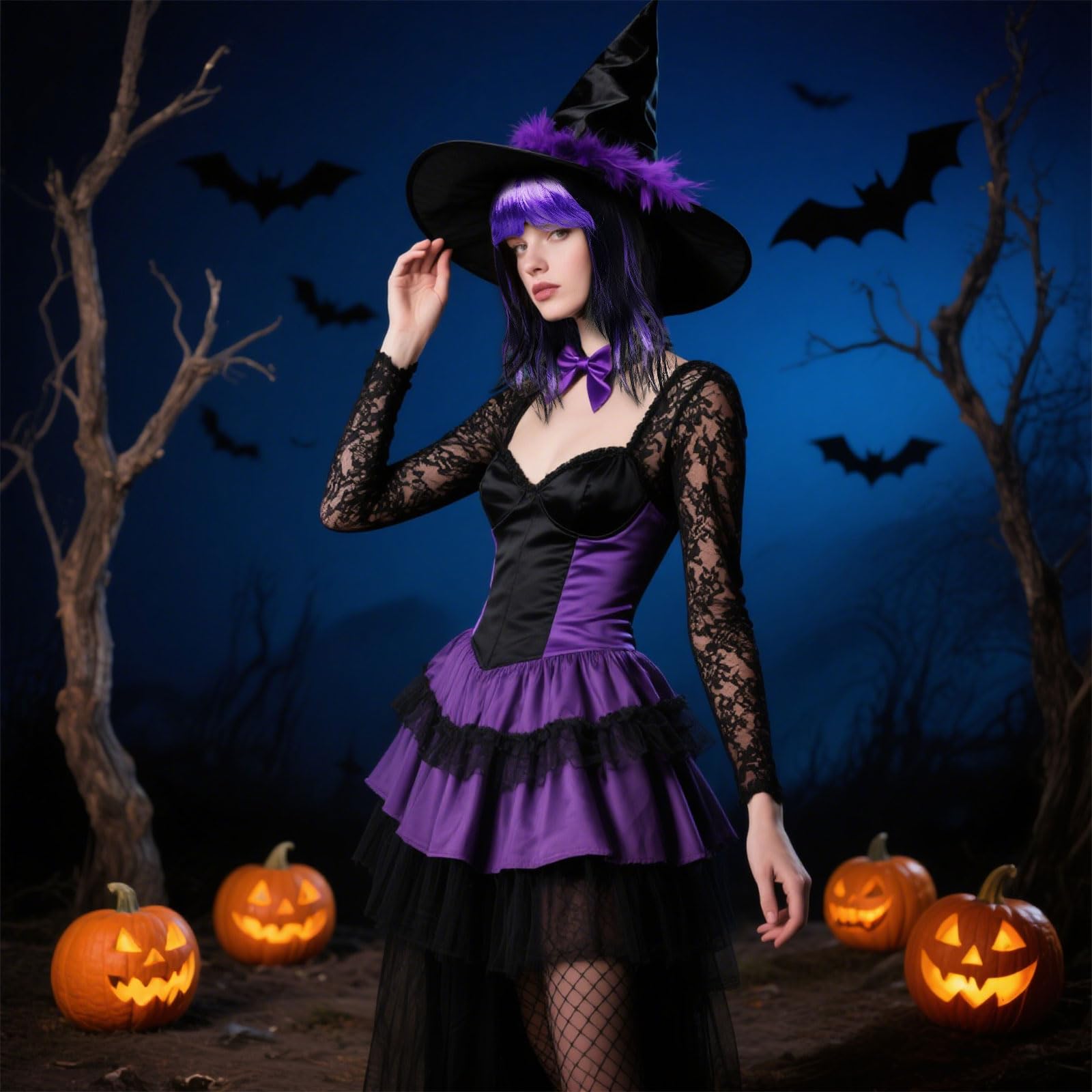 SAIIURV Black Purple Witch Wig Women Straight Double Wigs Halloween Wig Women for Halloween Accessory Witch Accessory Masquerade Carnival Party - Image 4