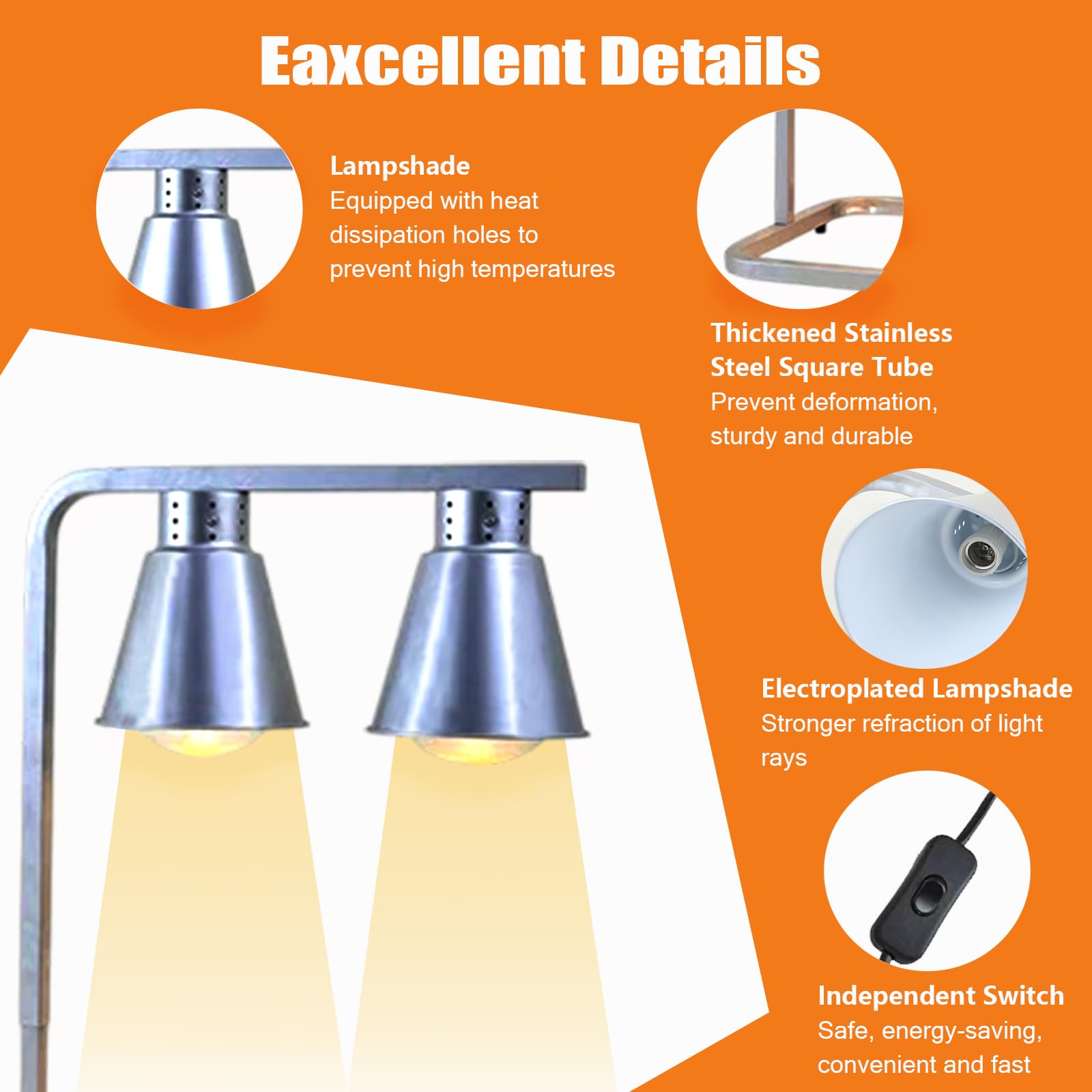 Lampy do podgrzewania żywności, podgrzewacze do żywności, 3 segmenty o regulowanej wysokości, 2 x 250 W, podgrzewacze na podczerwień do kawiarni, kuchni, restauracji, hotelu