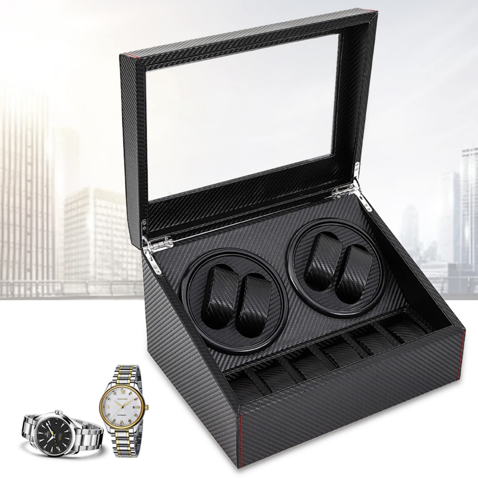 Cbhfmljd 4+6 Automatic Rotation Watch Winder Carbon Fiber Watch Display Box Storage Case, Watch Display Box Case Storage Organizer 2 Motor Luxury Fiber Leather Storage Case for Man/Woman's Watches