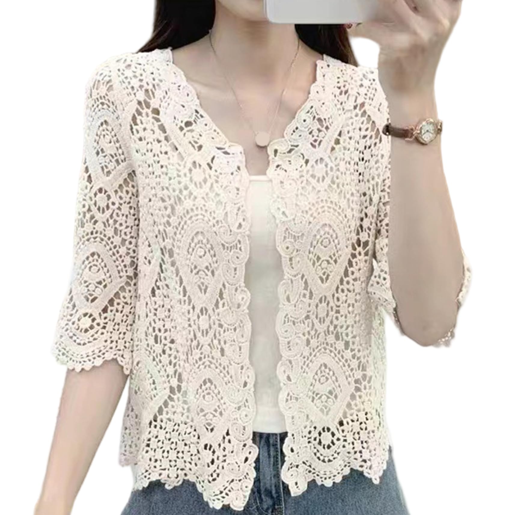 Cardigan all'Uncinetto Protezione Solare in Morbido Cotone Floreale Maniche a 3/4 Aperto sul Davanti Cardigan in Pizzo Estivo scolpito all'Uncinetto per Top da Donna