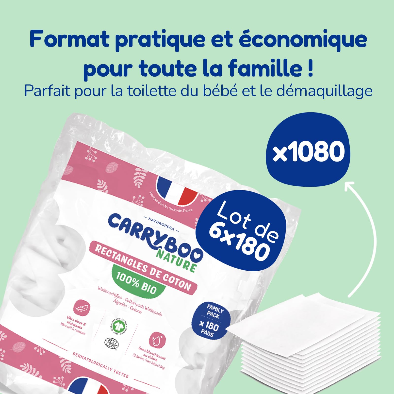 CARRYBOO - Cuadrados de algodón para bebé, 100% orgánico, pieles normales y sensibles, juego de 6 unidades, ultra suaves y resistentes, hipoalergénicas, blanqueadas sin cloro, para toda la familia