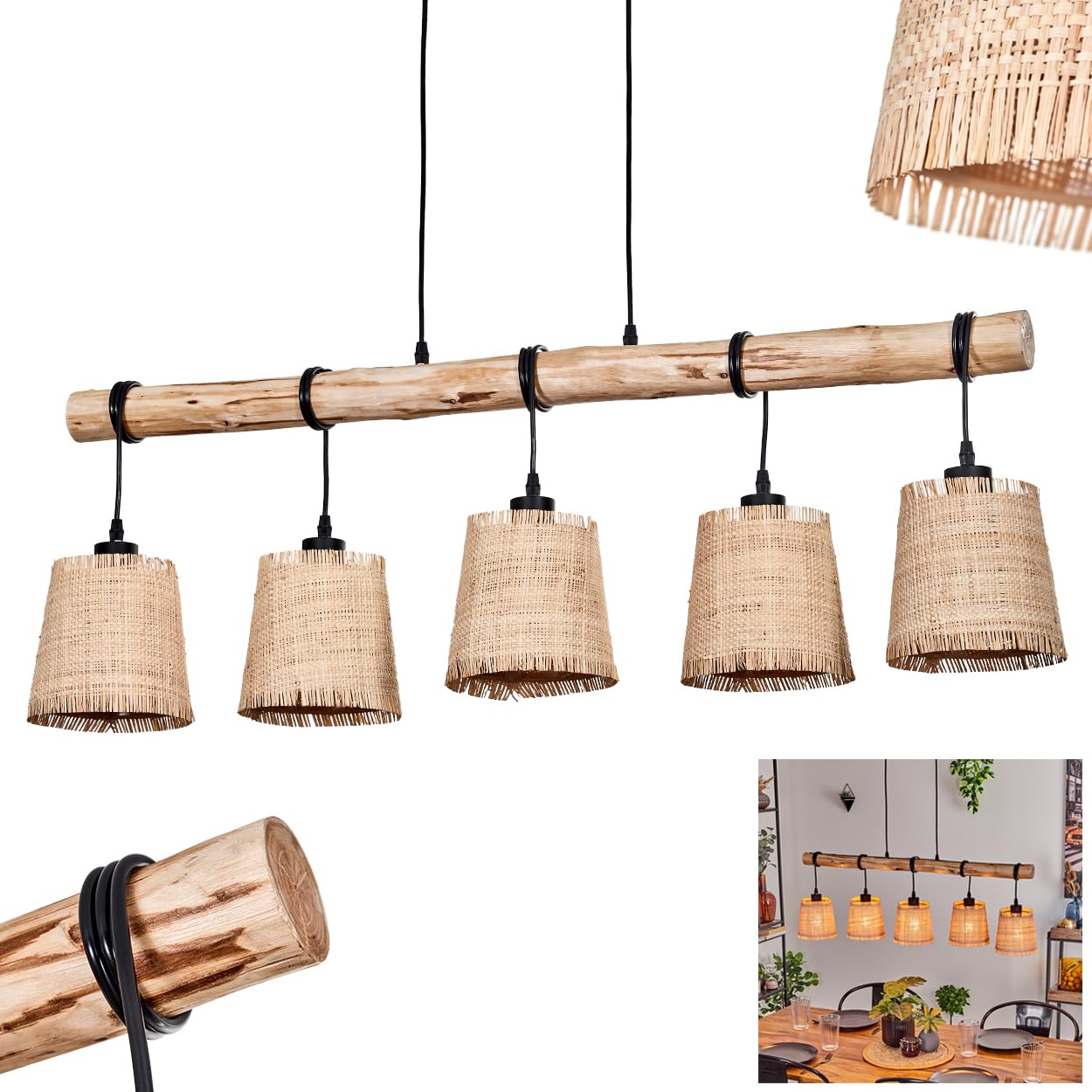 Lámpara colgante Soungou, moderna lámpara colgante de madera/metal/bastón en natural/negro/beige, lámpara colgante de 5 luces de diseño escandinavo, altura máx. 143 cm, 5 x E27, sin bombillas