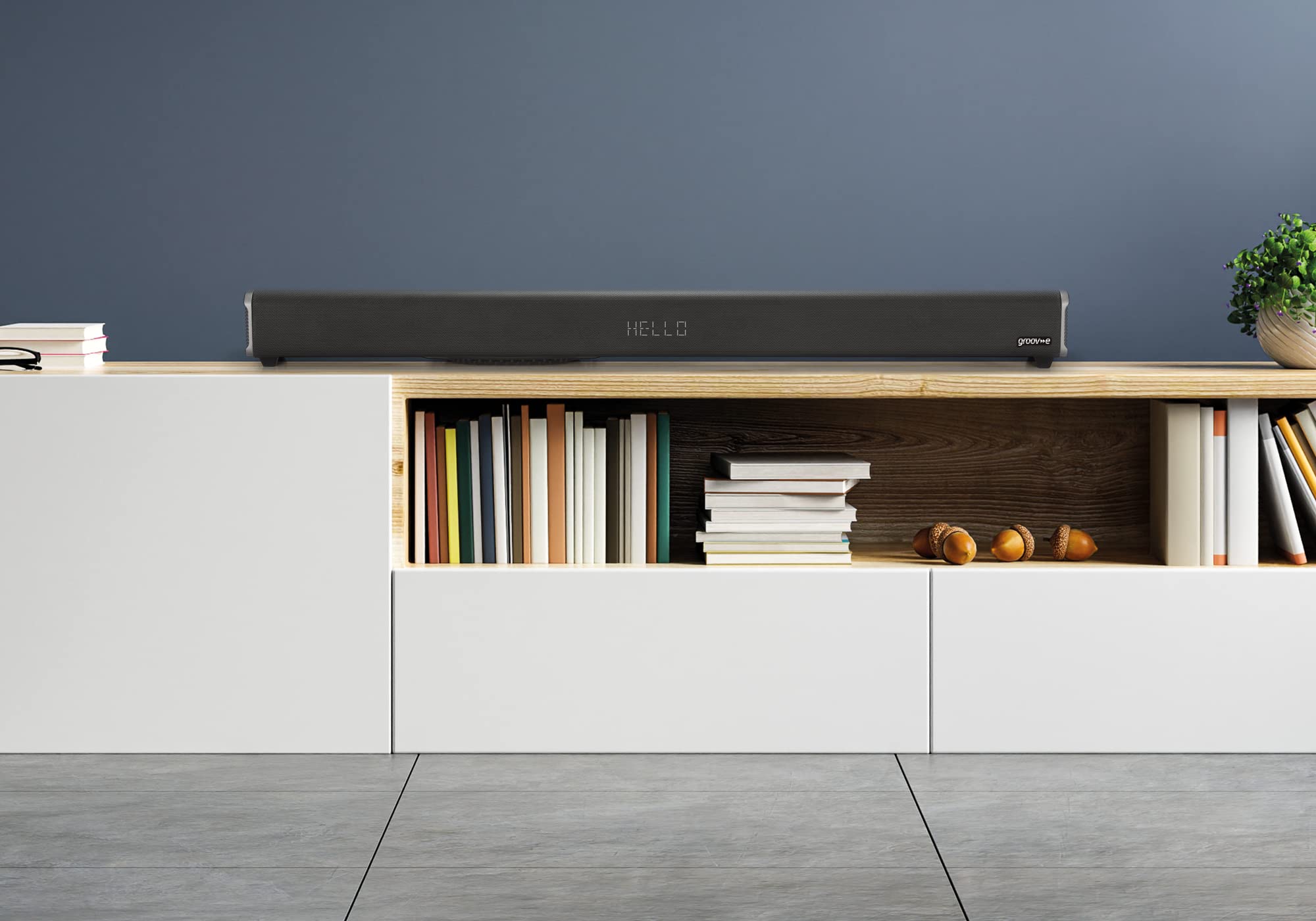 groov e-e Soundbar 160 - Soundbar tutto in uno con subwoofer integrato, Bluetooth, ottico, USB e riproduzione AUX, altoparlante con potenza di 160 W e super bassi, pulsante e telecomando, batterie