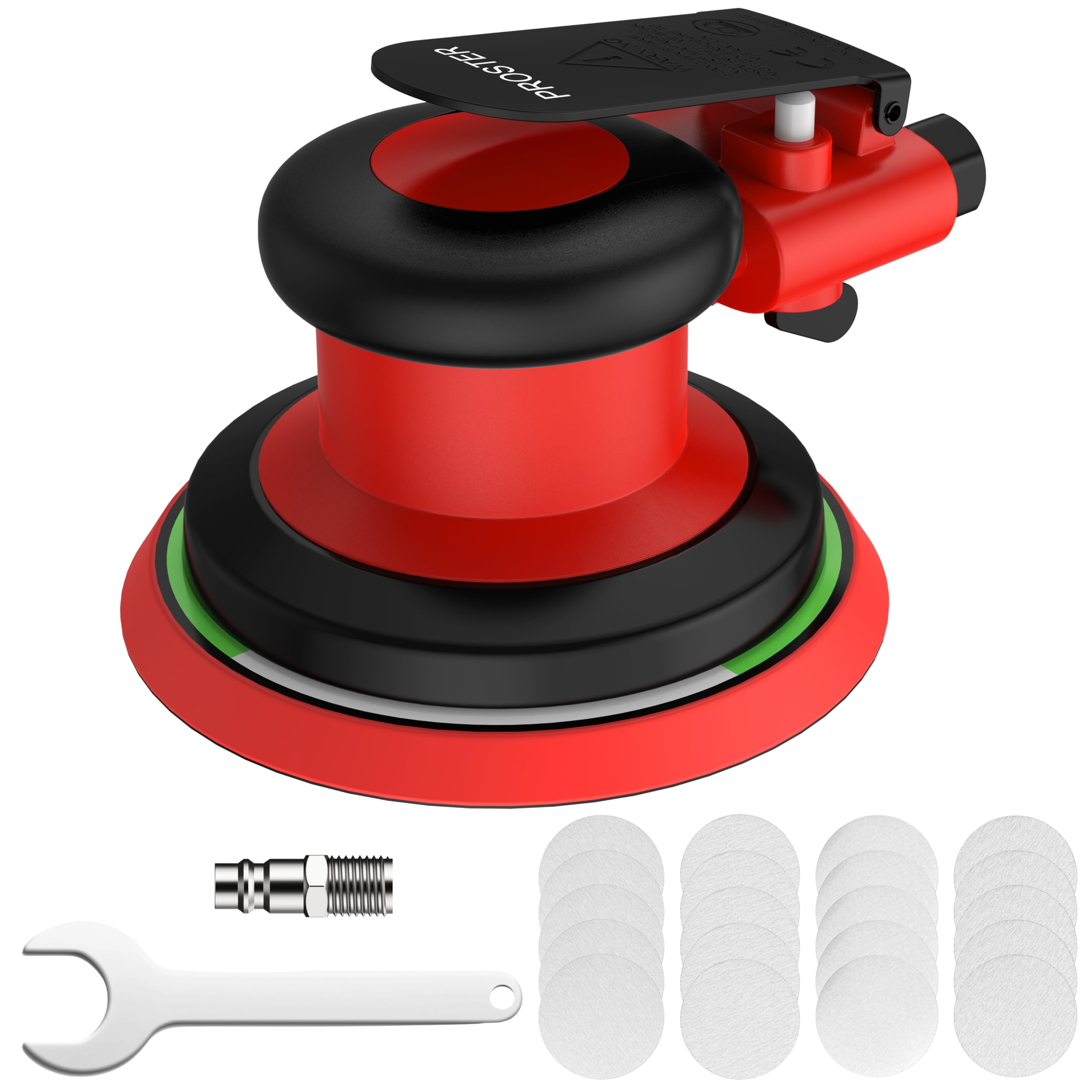 Proster 5 Inch Air Random Orbital Sander 12000RPM - Pneumatic Air Palm Sander with 20PCS Sandpapers, Variable Speed Control & 1/4'' Air Inlet Air Powered Sander Polish for Wood, Automotive Maintenance