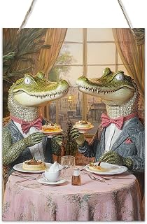 Vintage Crocodile Tea Party Scene Wooden Plaque,Green crocodile in Suits,Floral China & Curtained Ballroom Rustic Wood Sign,Quirky Decor in Wood for Door Art & Wall Hanging,12x8 Inch