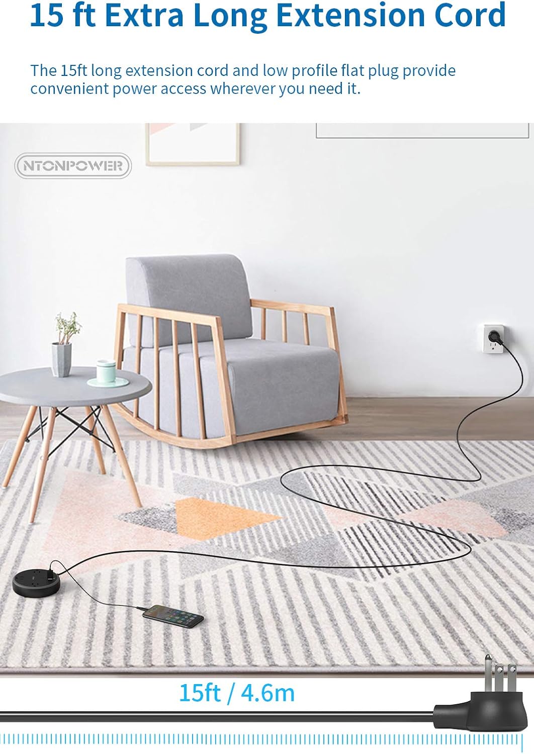 Tech Deals 🔥 15ft Power Strip, NTONPOWER Long Cord Power Strip Flat Plug, 3 Widely Spaced Outlets, 2 USB Nightstand Charging Station Desktop, Wall Mount, Compact Size for Home, Office, Dorm, Black