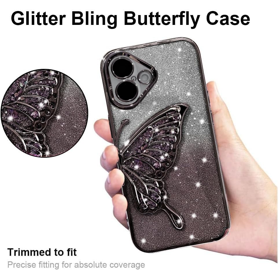Image of mobistyle Designed for iPhone 16 Plus Cover with Glitter Cute Butterfly Electroplate Plating Design Back Cover Case for Women Teen Girls [ Silicone | Black ]