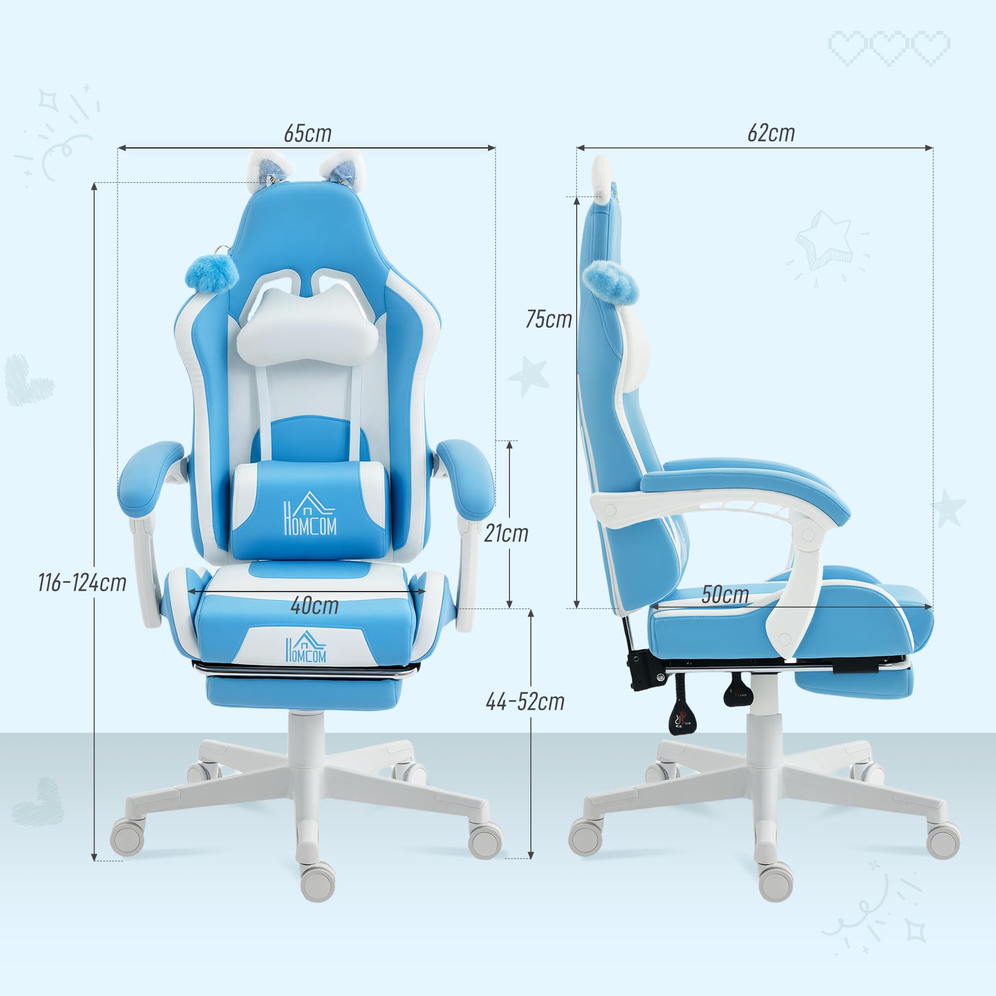 HOMCOM Fotel gamingowy, ergonomiczny fotel dla graczy z podparciem okolic lędźwiowych, podnóżek, fotel gamingowy z kocimi uszami, poduszka pod głowę, regulowana wysokość, krzesło biurowe z funkcją