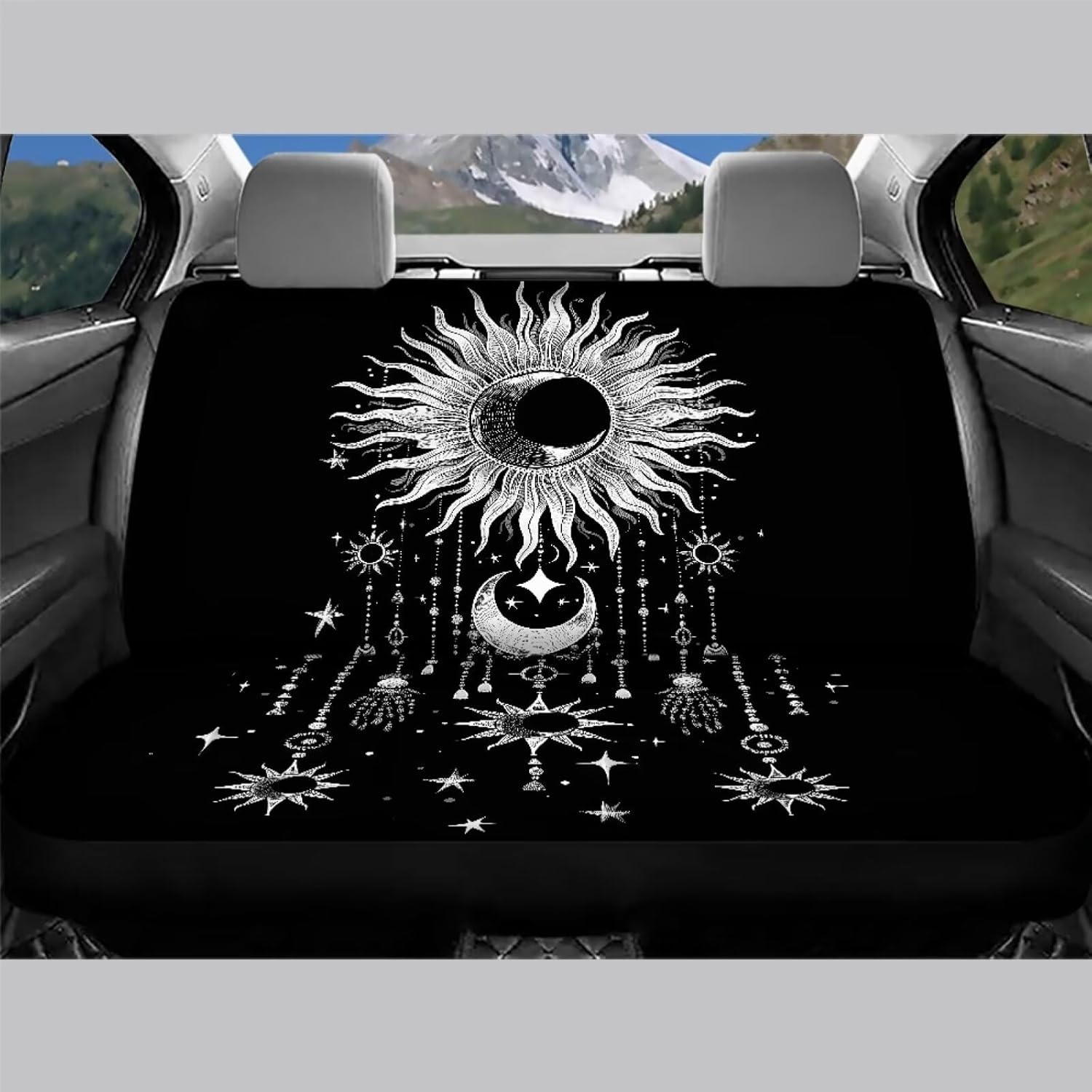 Binienty Aesthetic Sun and Moon Stretch Back Seat Protector, Stylish Car Interior Decor Seat Cover, Car Accessories Rear Bench Seat Covers for Trucks SUV Sedan or Van