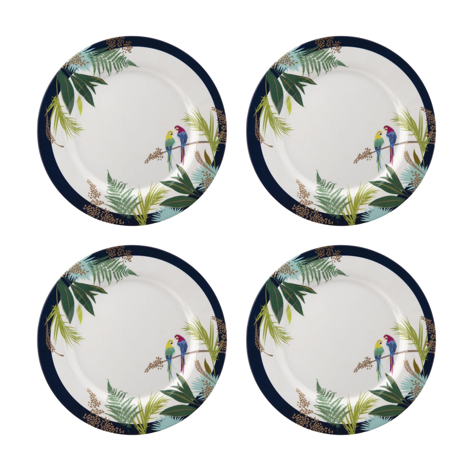 Portmeirion Sara Miller London 11" Dinner Plate | Set of 4 Dinnerware Plate with Parrot Design | Made of Melamine & BPA Free | Dishwasher Safe| Ideal for Salad, Pasta, Appetizer, and Dessert