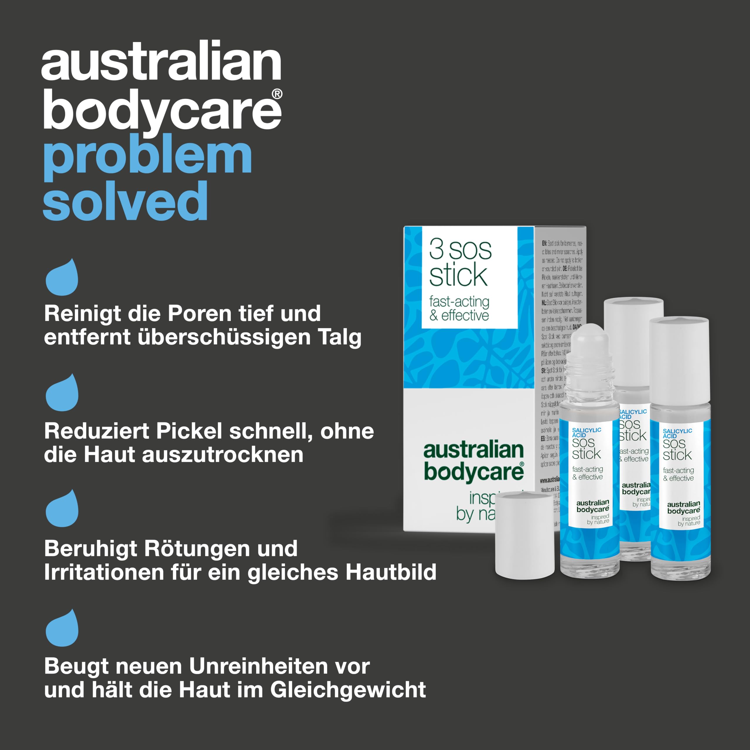 Salicylsäure SOS Stick gegen Pickel, Mitesser, Rötungen und verstopfte Poren – schnelle Hilfe für unreine Haut mit Salicylic acid - 3x9 ml