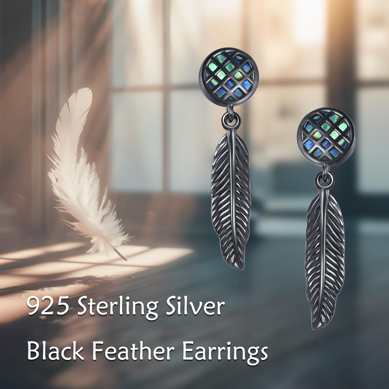 YAFEINI Pendientes de pluma negra de plata de ley 925 con concha de abulón, pendientes colgantes bohemios, regalo para mujeres y hombres, accesorios punk