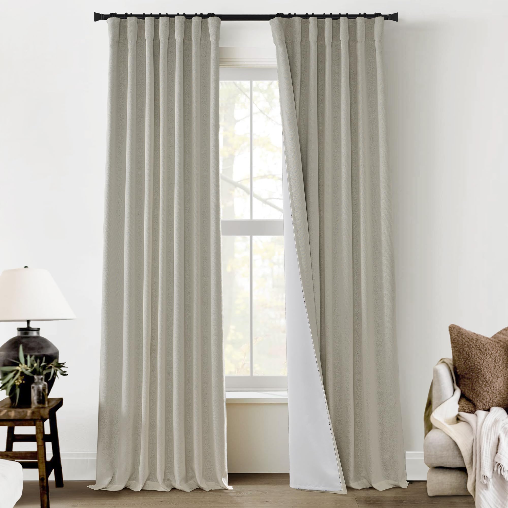 PANELSBURG French Country Curtains for Living Room,Cottage Style Blackout Linen Canvas Woven Block Out Curtains for Bedroom Window 2 Panels,102 Inch Long,Tan Beige