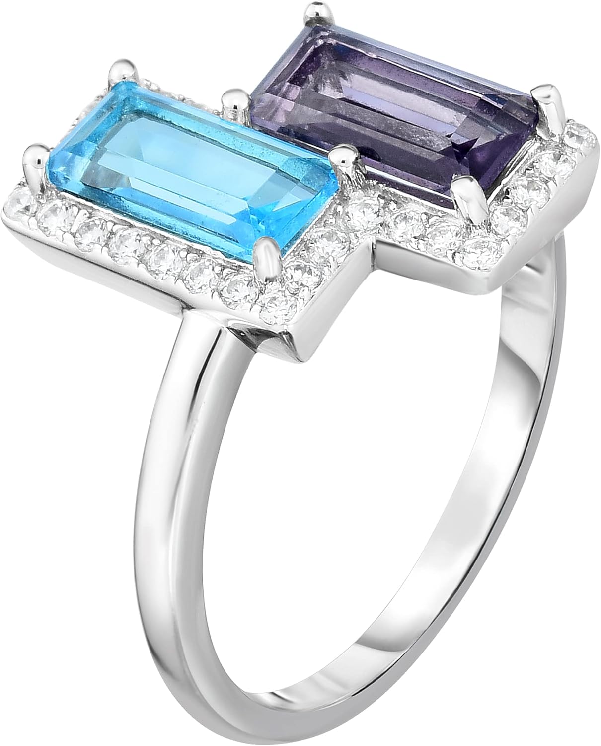 925 Sterling Silver Simulated Amethyst, Blue Topaz Baguette Ring, 1-1/4 ct, Size 7