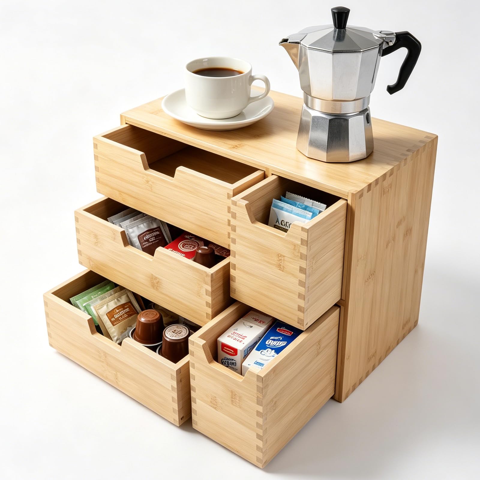 EFUTURETIME Schubladenbox Holz, 36 x 20 x 28,5 cm, Mini Kommode aus Bambus mit 5 Schubladen, Schreibtisch Organizer, Schubladenelement für Teebeuteln, Kaffeekapseln, Stiften, Kosmetika