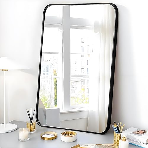 Miniatura 4 de Espejo rectangular de 24 x 16 pulgadas montado en la pared, marco de metal de aleación de aluminio, cristal HD, maquillaje para baño, entrada,