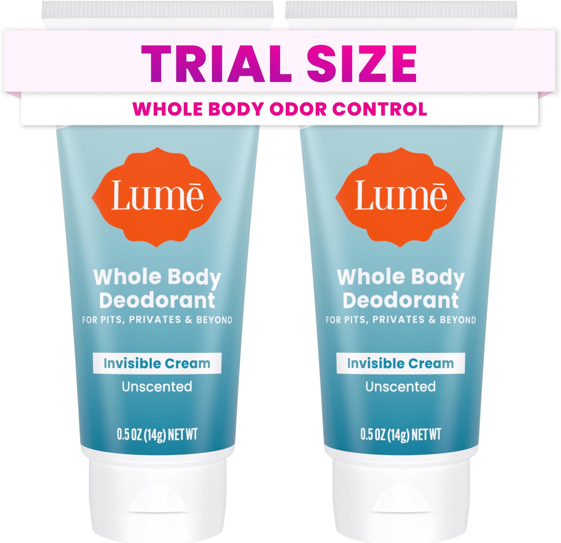 Whole Body Deodorant - Mini Travel Size Invisible Cream Tube - Trial Size - 72 Hour Odor Control - Doctor Developed - Aluminum Free, Baking Soda Free - .5oz (Pack of 2) (Unscented)