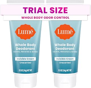 Lume Whole Body Deodorant - Mini Travel Size Invisible Cream Tube - Trial Size - 72 Hour Odor Control - Doctor Developed - Aluminum Free, Baking Soda Free - .5oz (Pack of 2) (Unscented)