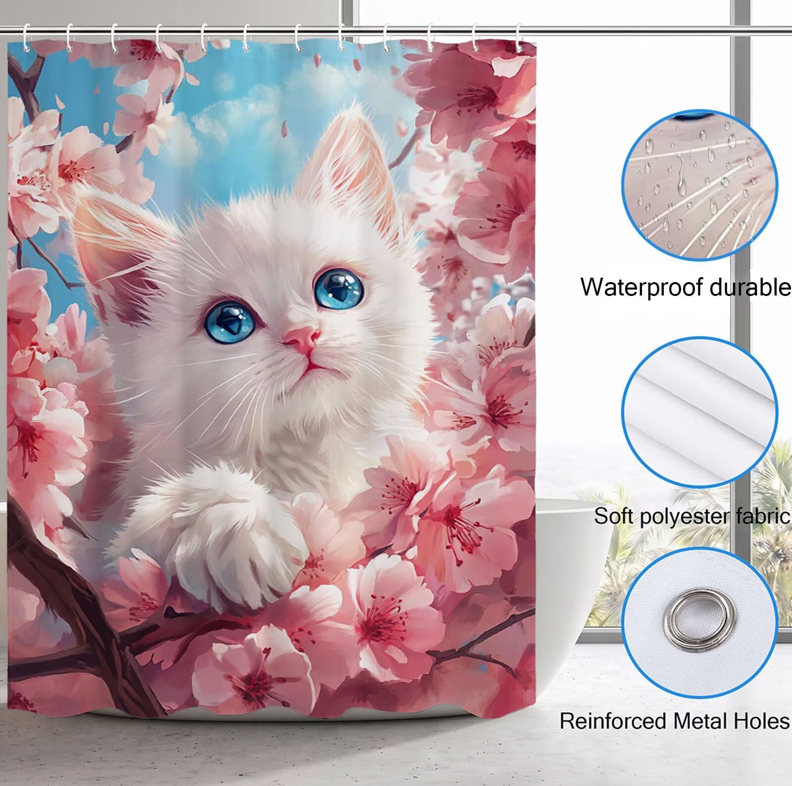 Rideau Douche Rose Rideau de Douche Anti Moisissure Imperméable Tissu Polyester Shower Curtain avec Ourlet Inférieur Lesté, 12 Crochets Lavable Shower Curtain pour Baignoire 220 x 200 cm Chat 3Y#221