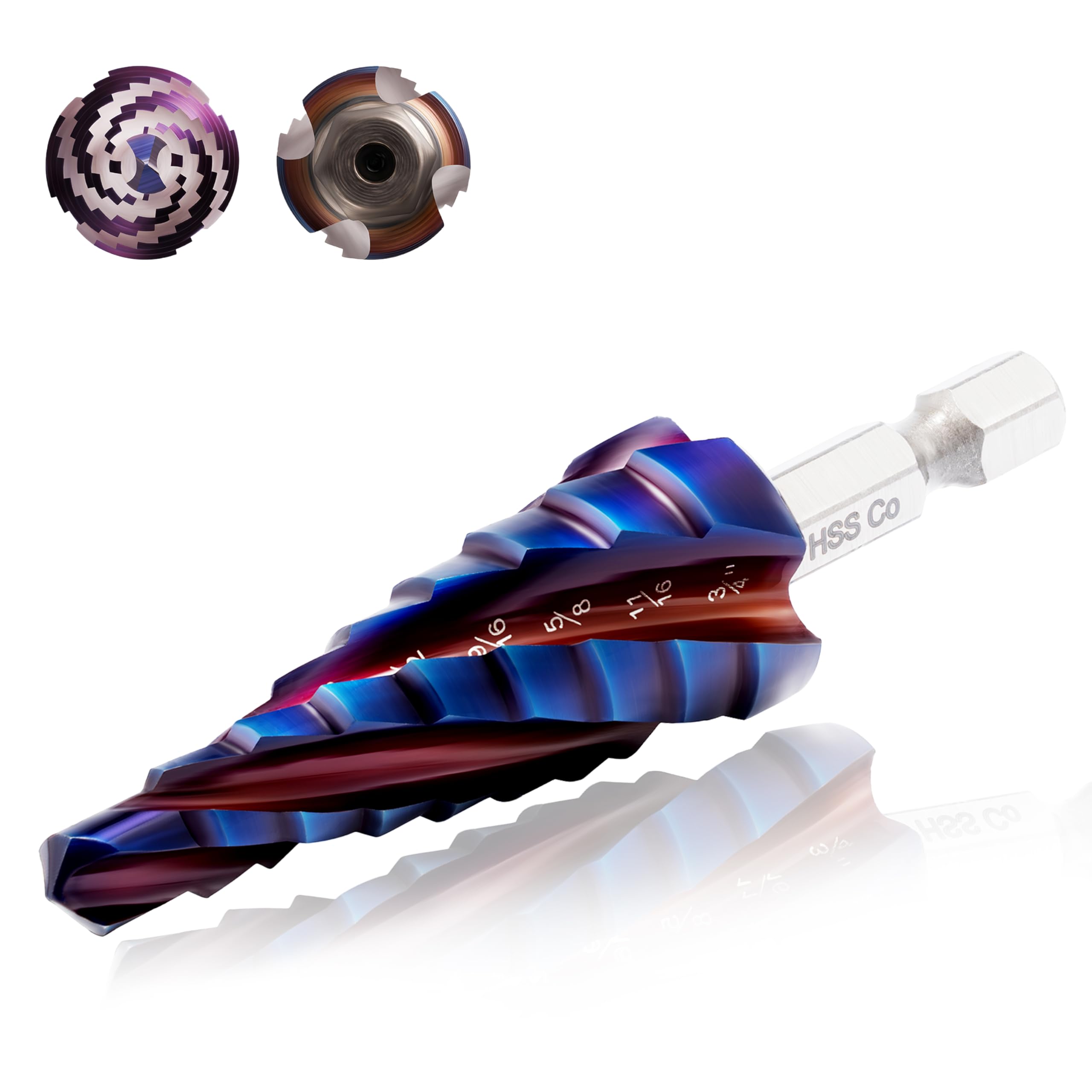 Romentheo Four Spiral Flute Cobalt Step Drill Bit(Pro),M35 High Speed Steel,1/4" Hex Shank Step Bits for Metal, Stainless Steel, Aluminum, Plastic,1/4