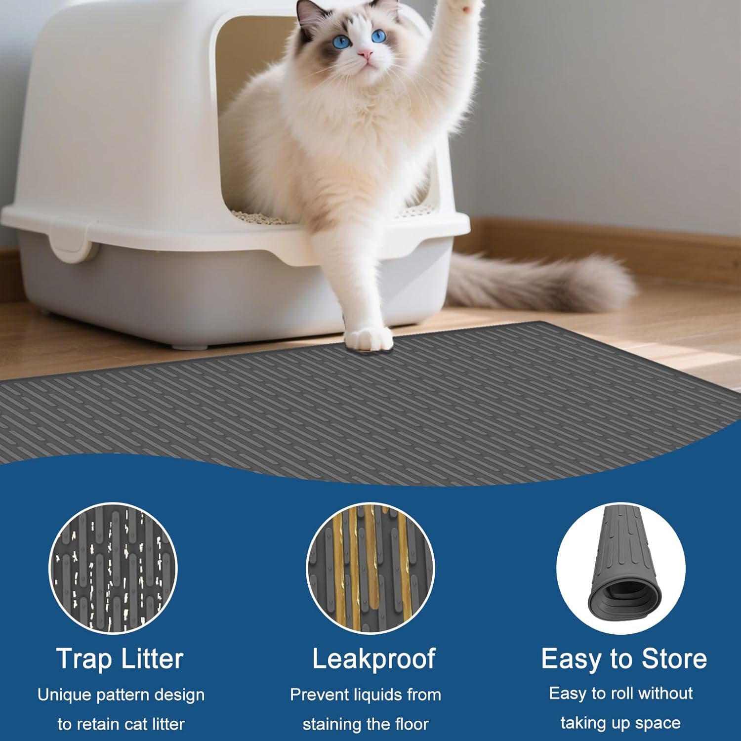 XXL Extra Large Silicone Cat Litter Trapping Mat for Scatter Control, 40"x30"(100cmx75cm) Waterproof Kitty Litter Box mat for Floor, Soft on Kitty Paws, Easy to Clean, Black
