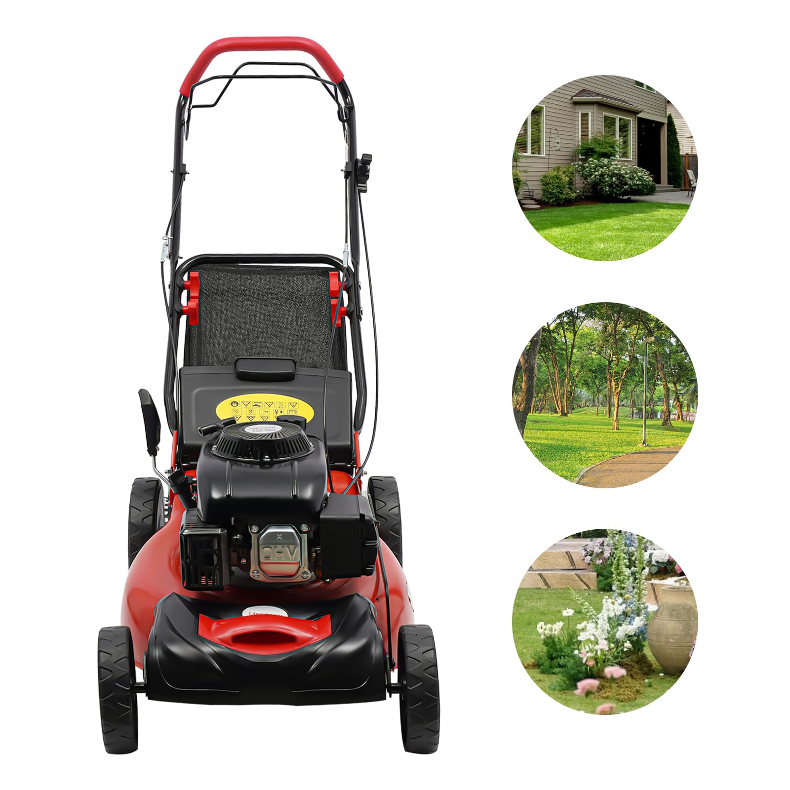 Cortacésped de gasolina con accionamiento de 4 kw, 60 l, 2800 rpm, 5 HP 140 CC, saco de recogida de gas, plegable, para control de malas hierbas de la mayoría de plantas de césped