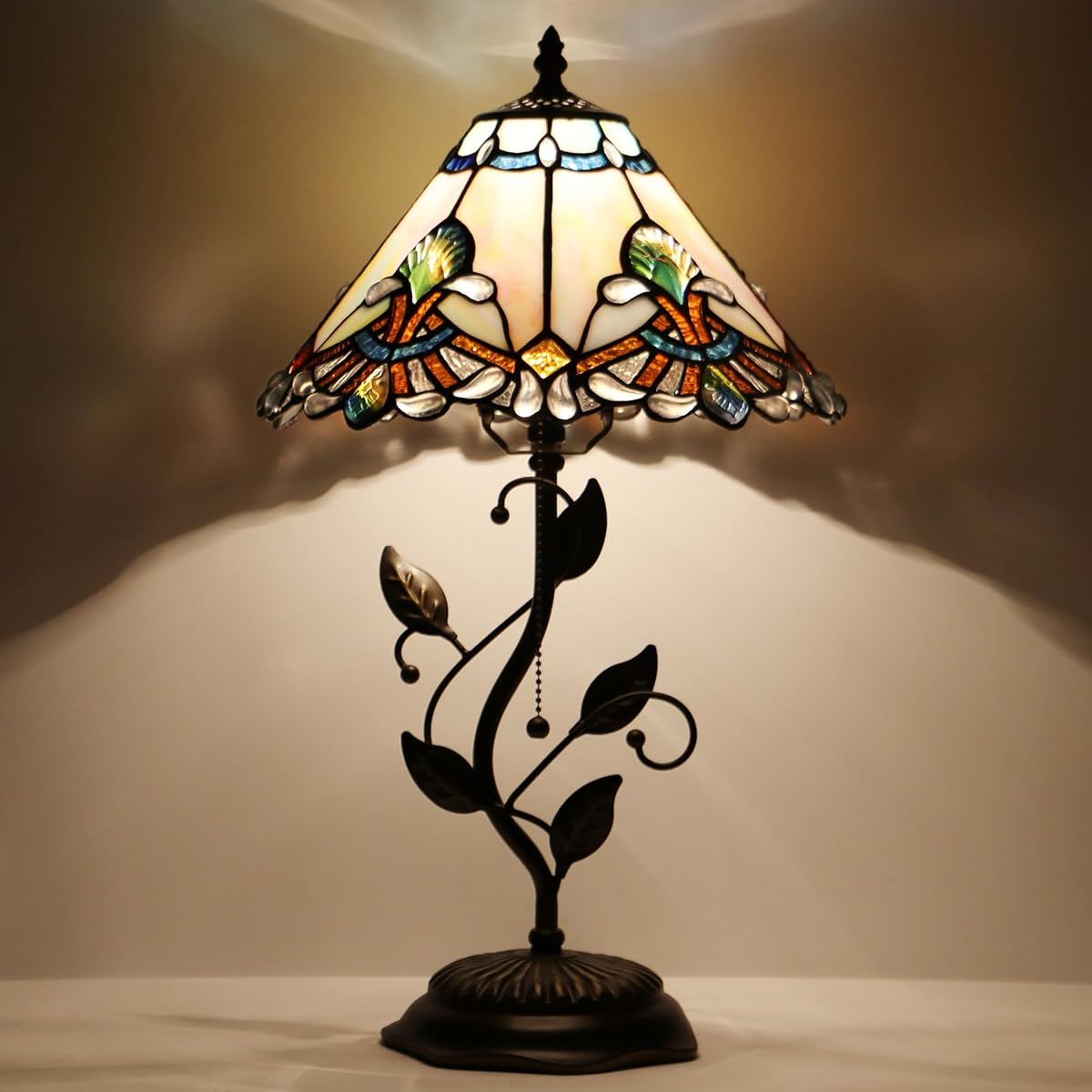 Tiffany Table Lamp Stained Glass Bedside Reading Light W12H19 inch | Seven Color Baroque Style Stained Glass Desk Light Pull Chain Switch Metal Leaf Resin Base Decor For Bedroom Living Room