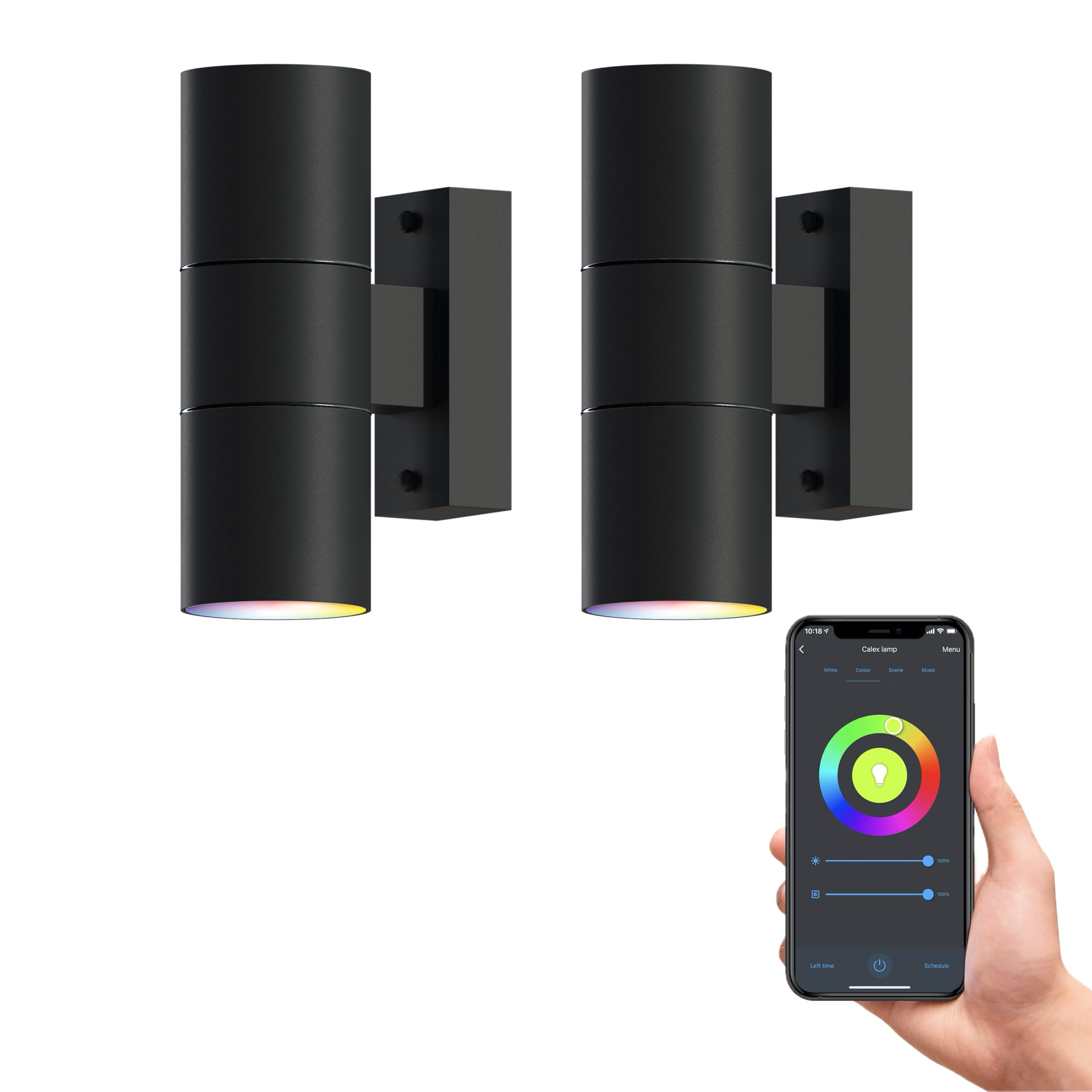 Calex Black Smart Up & Down Led Wall Lamp, Set Of 2, Stainless Steel, Smart Outdoor Lamp, App Controlled, For Indoors And Outdoors