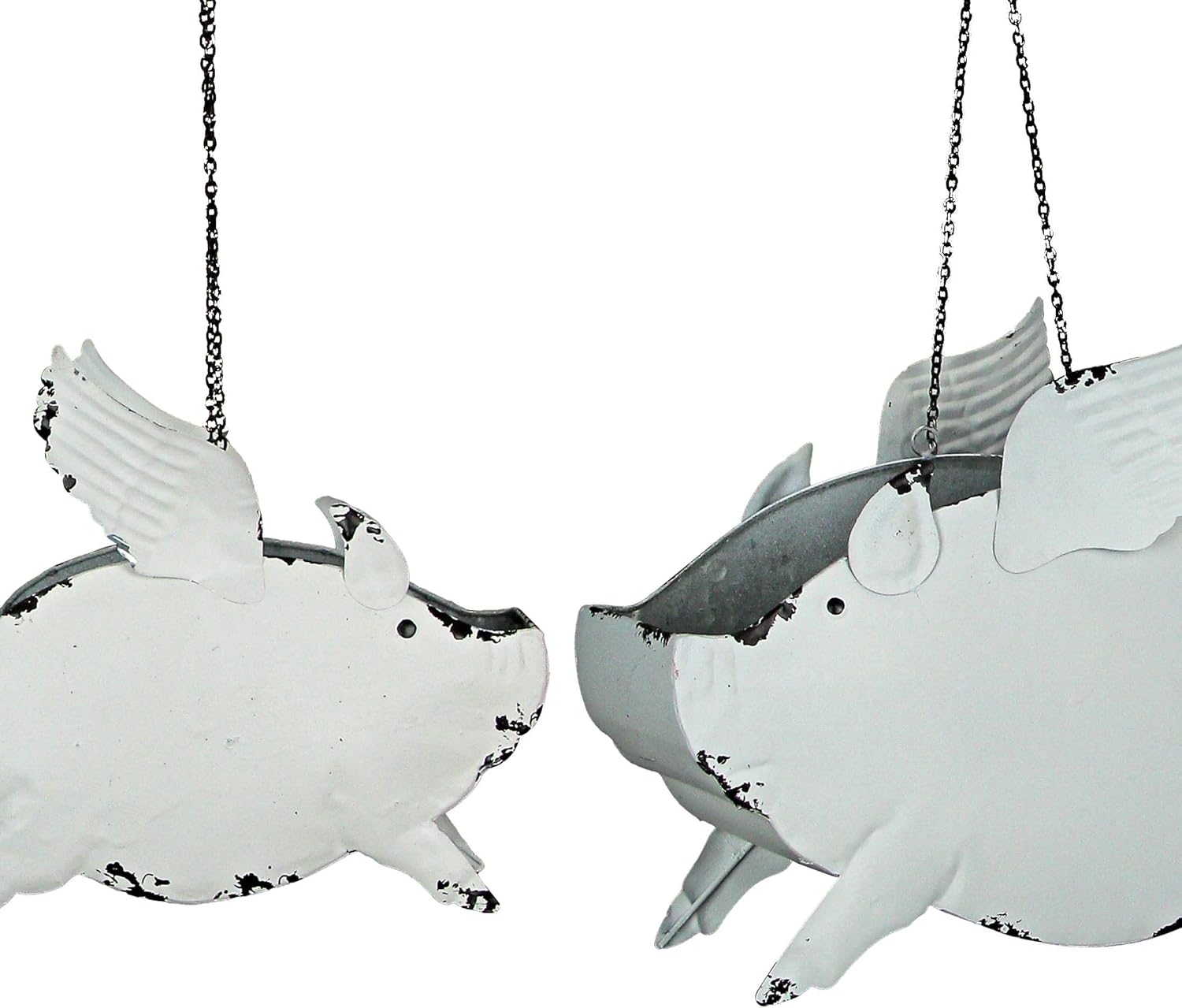 Zeckos Set of 2 Distressed White Metal Flying Pig Hanging Planters - Whimsical Farmhouse-Style Outdoor Decor for Your Patio, Garden, or Balcony - 13, 11 Inches Long