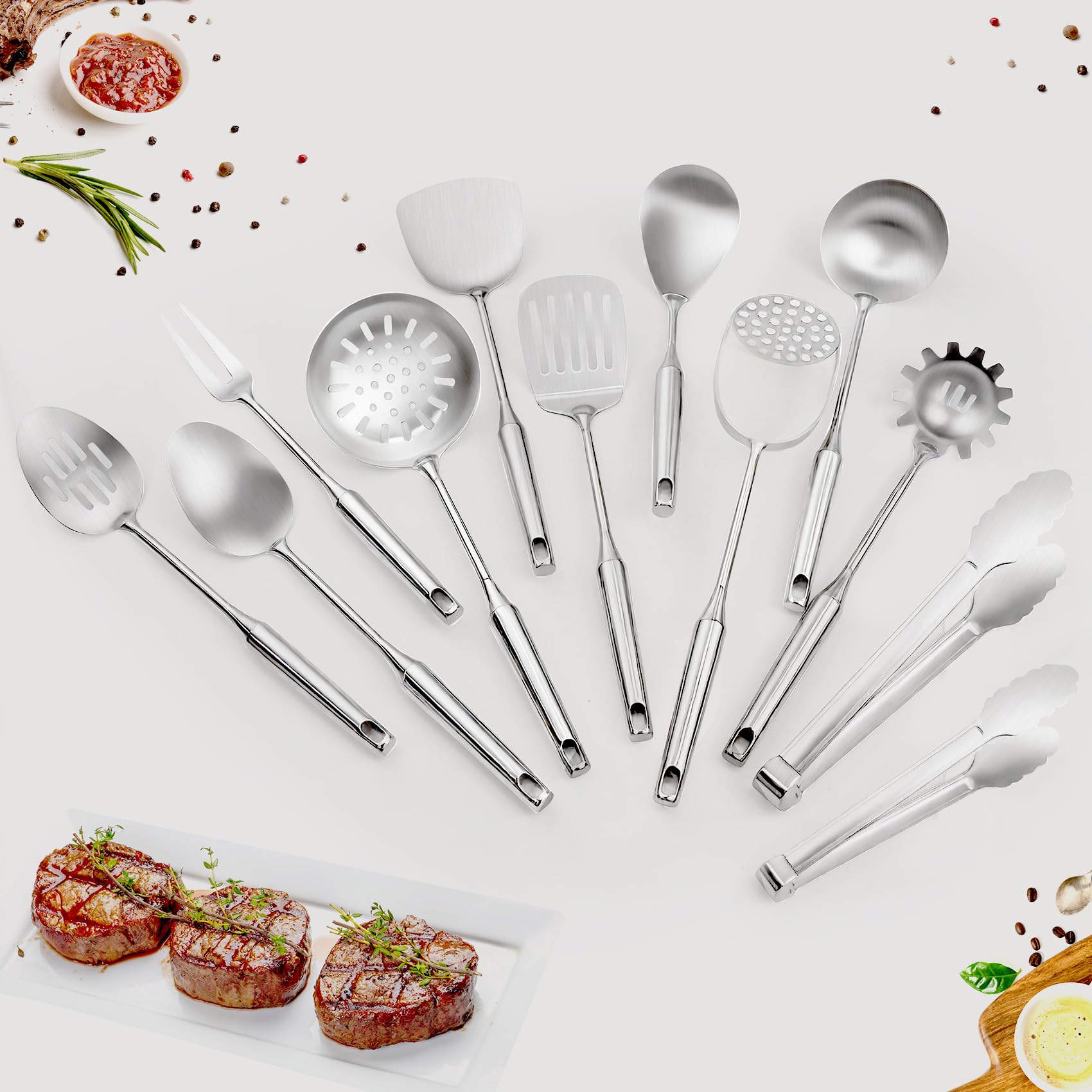 304 Edelstahl-Kochutensilien-Set, 12-teiliges langes Edelstahl-Küchenutensilien-Set, Metall-Kochutensilien-Set mit Kartoffelstampfer, Löffel, Schöpflöffel, Skimmer, Nudelheber usw. (spülmaschinenfest)