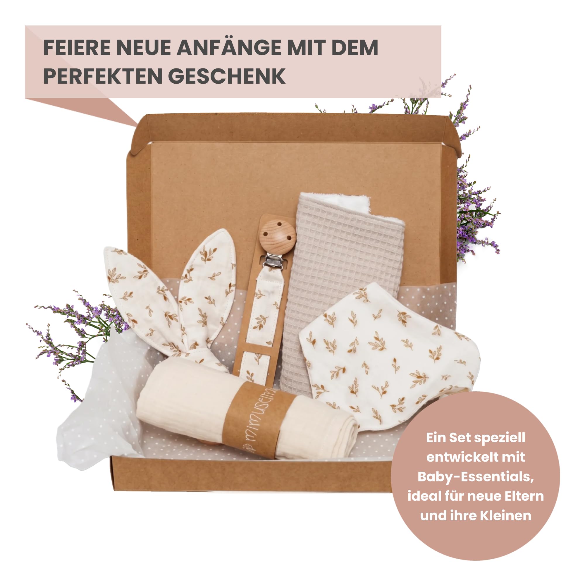 MIMUSELINA Pack Neugeborenen Geschenk | Baby Geschenk Mädchen oder Junge | Babygeschenke zur Geburt & Baby Shower | Geschenkbox verfügbar in verschiedenen Größen | Sahara, Small