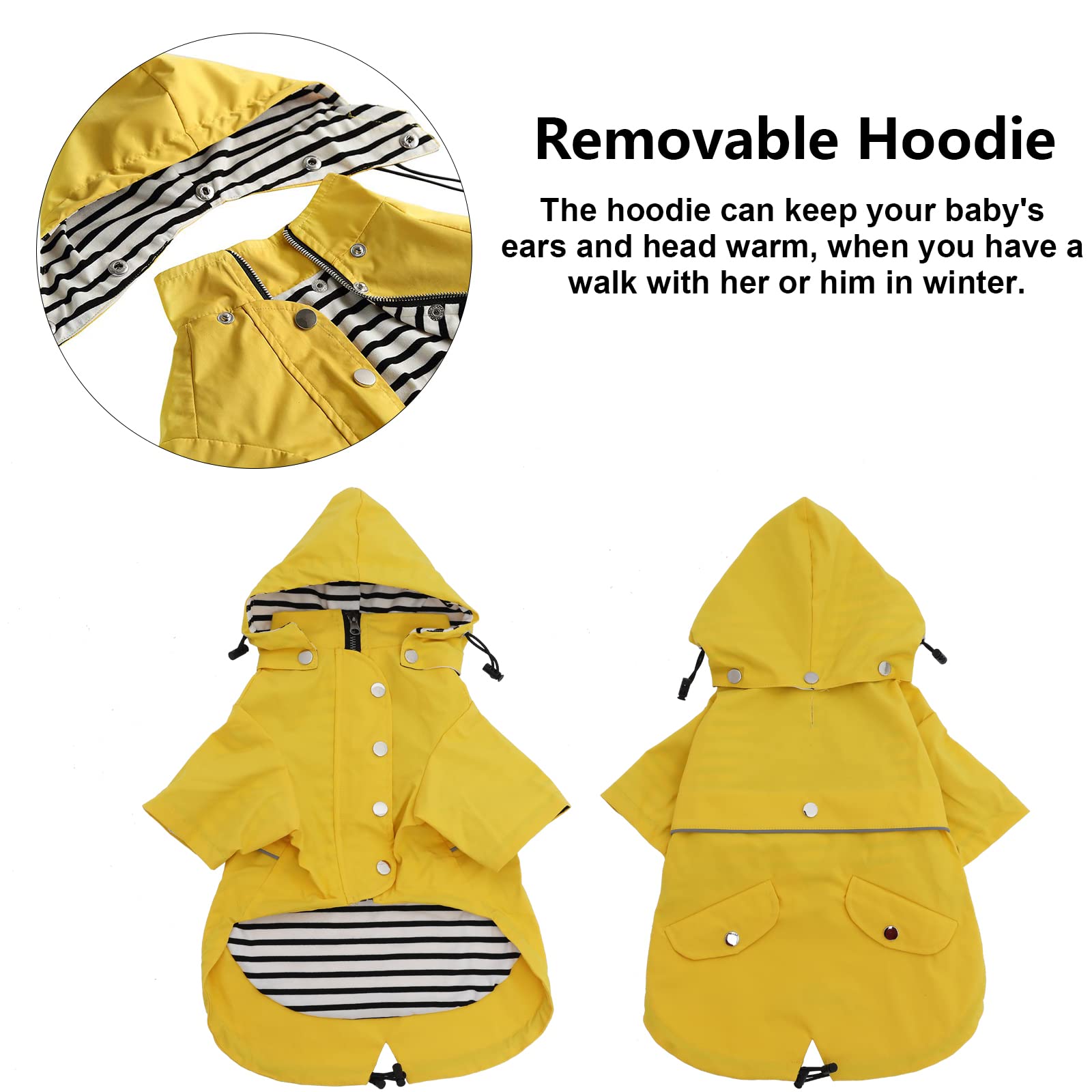 Pethiy- Elegante Chubasquero para Perro,Impermeable Abrigo con Botones Reflectantes y Bolsillos, Resistente a la Lluvia/al Agua,con Capucha extraíble, para pequeños y medianos Perros-Amarillo-M