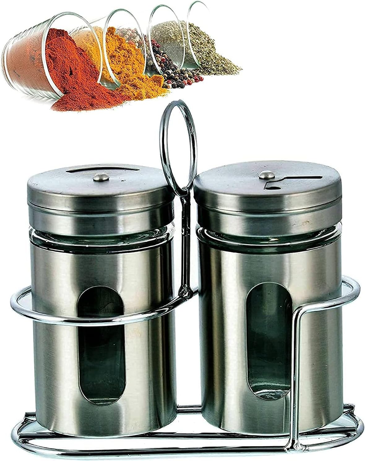 Revolving Stainless Steel & Glass Spice Jar Set with Rack | Pepper Shakers Set with 3 Adjustable Pour Holes | Glass Bottle Namak Dani for Kitchen Restaurant Hotel (Set of 1)