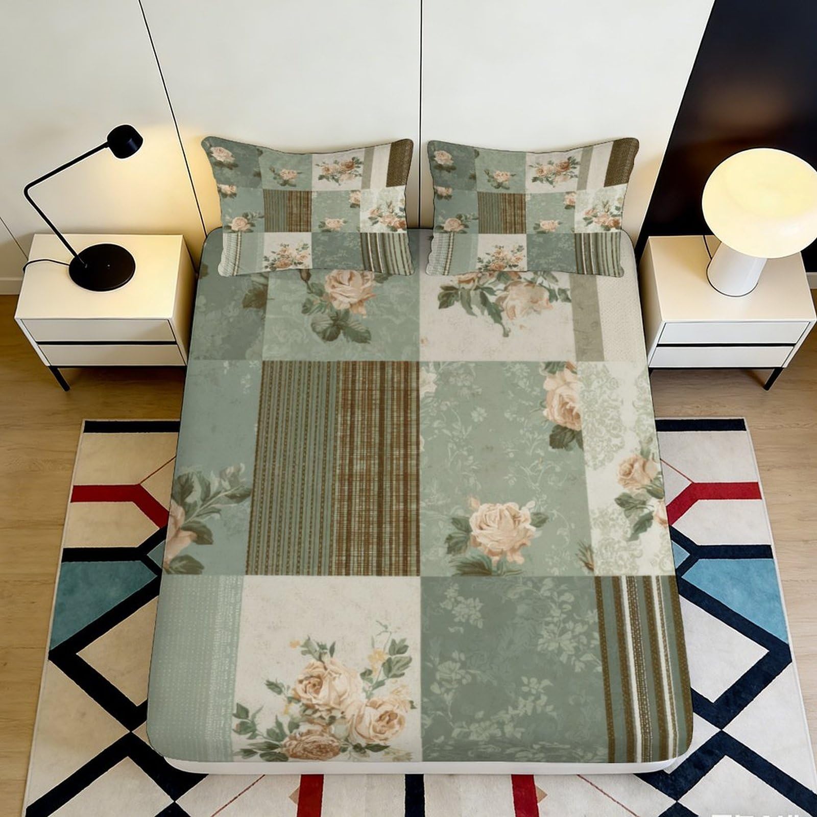 3D Printed Vintage Floral Patchwork Fitted Sheet Microfiber Soft Sage Green Geometric Bed Cover for Bedroom, Dorm, Guest Room Decor 90x200x25cm