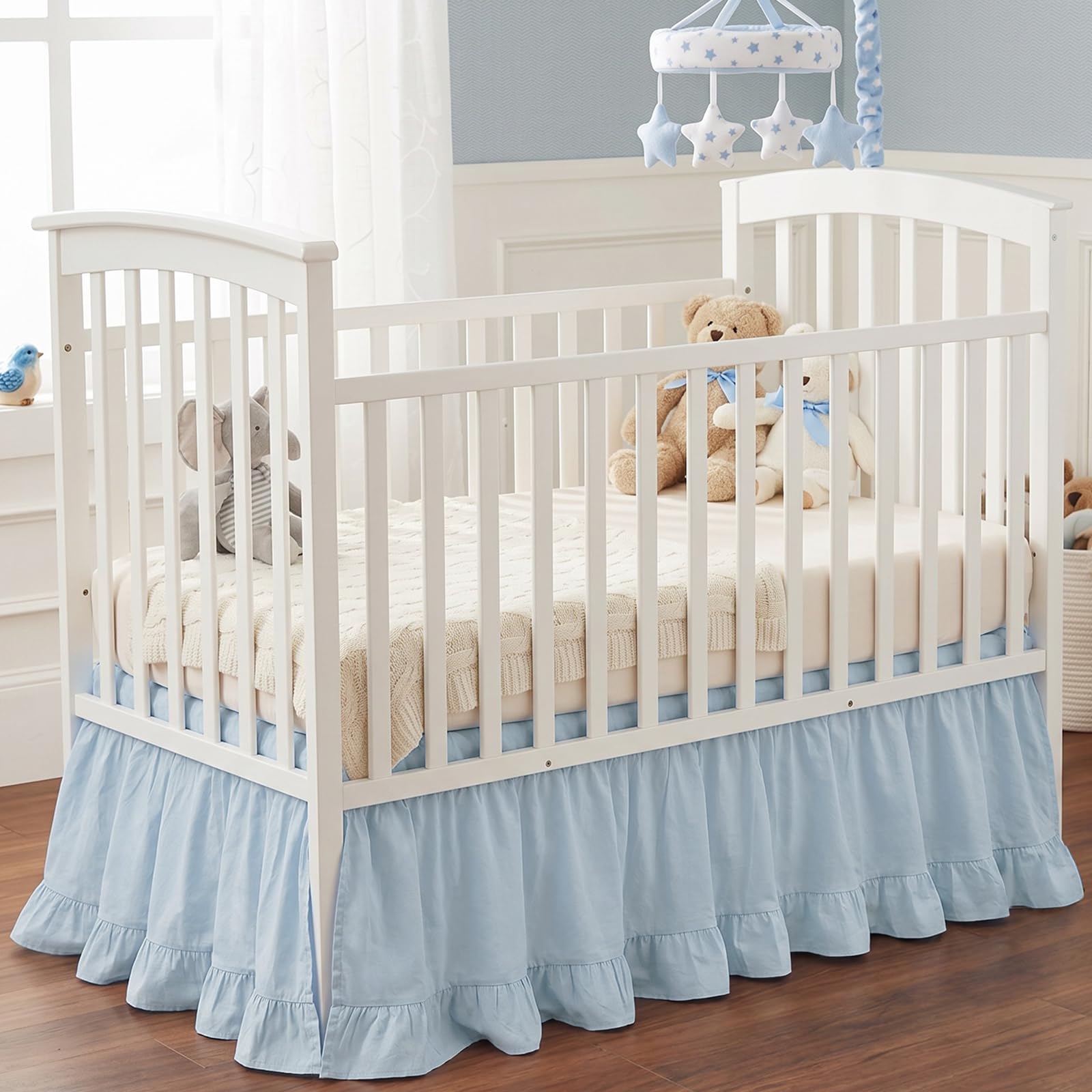 Hahafelt Blue Crib Skirt for Baby Girls Boys, 100% Washed Cotton Bed Skirt