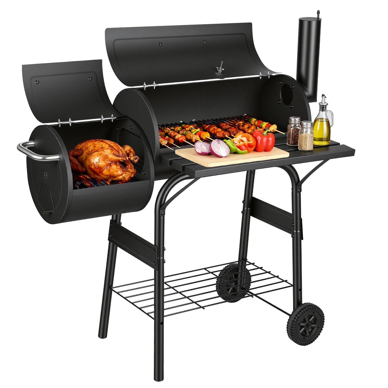 Grill wędzarniczy na węgiel drzewny z pokrywką i termometrem, na kółkach, 2-komorowy wędzarnia do bezpośredniego i pośredniego grillowania, grill ogrodowy z półką, czarny