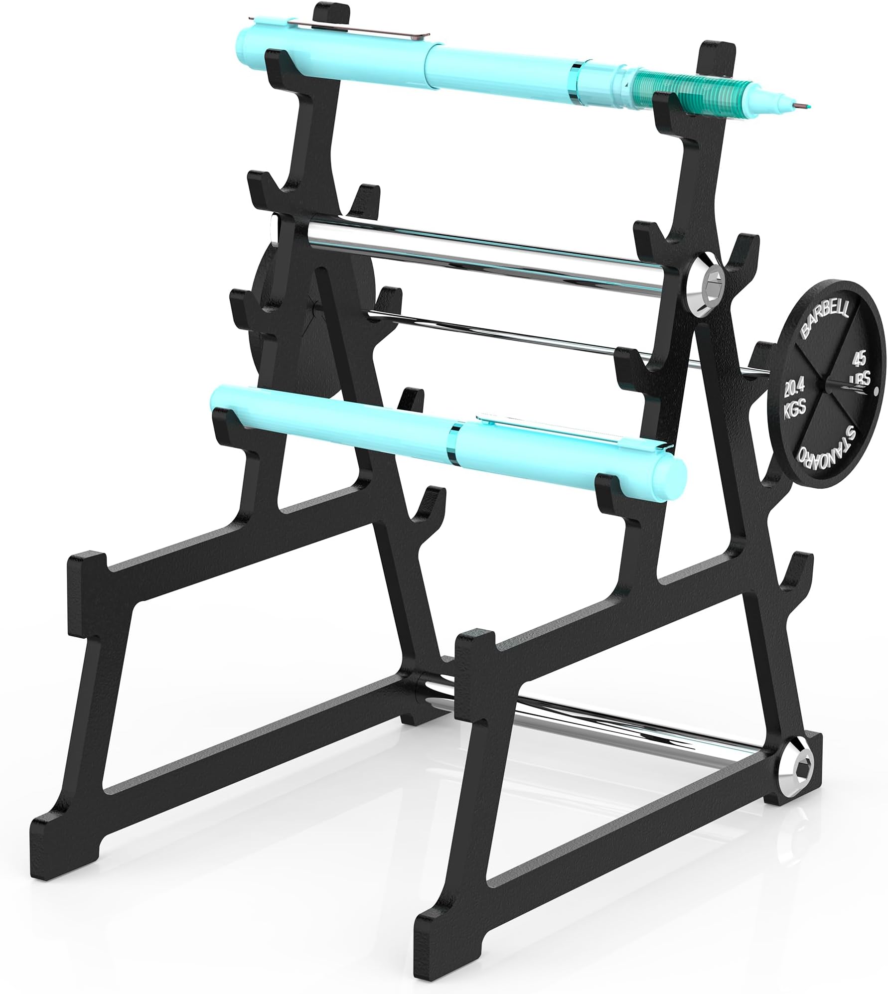 Metal Squat Rack Pen Holder with 8 Slots Mini Metal Barbell & Plastic Weight Blocks Holder Mini Barbell Desk Toy Funny Office Decor for Men Women Cool Pen Holder Gifts for Men (Black)