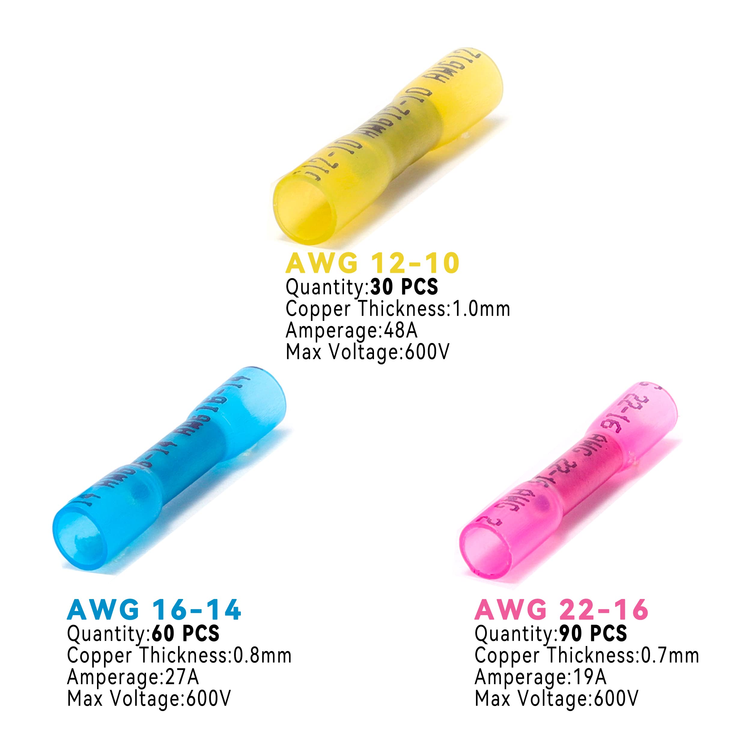 HKS Herramienta de prensado para conectores termorretráctiles, 180 piezas de grado marino conectores termorretráctiles de cobre rojo estañado AWG 22-10