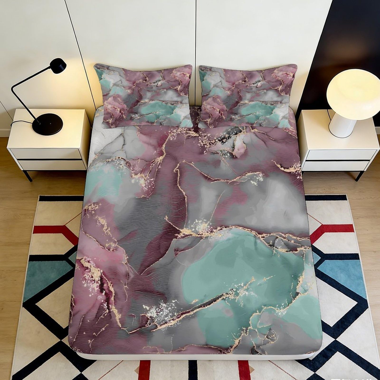 3D Printed Marble Pattern Fitted Sheet Microfiber Soft Durable Abstract Art Bed Cover for Bedroom Dormitory Guest Room Mattress Protection 120x200x25cm