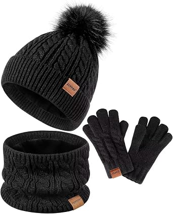 Kids Winter Hat Gloves Scarf Set,Girls Toddler Children Hats Beanie with Pom Knit Neck Warmer Gaiter Mittens Fleece Lined Set