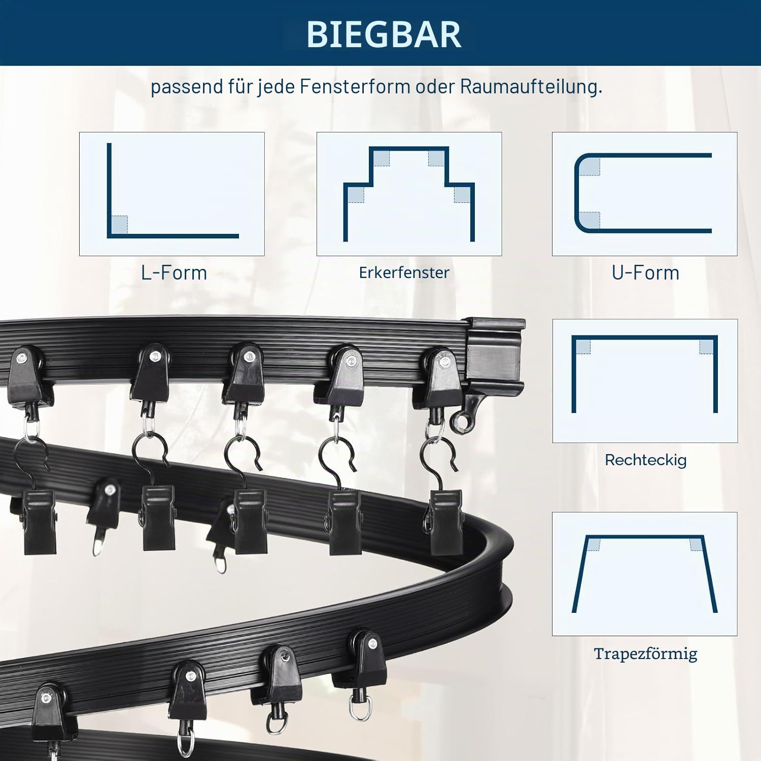 Flexible Biegbare Gardinenschiene, 7M Schwarz, W/D Einfach Install | Geeignet für Wohnmobile, Badezimmer, Glatt Gleitend, Einfache Installation, Passt Für Alle Räume.