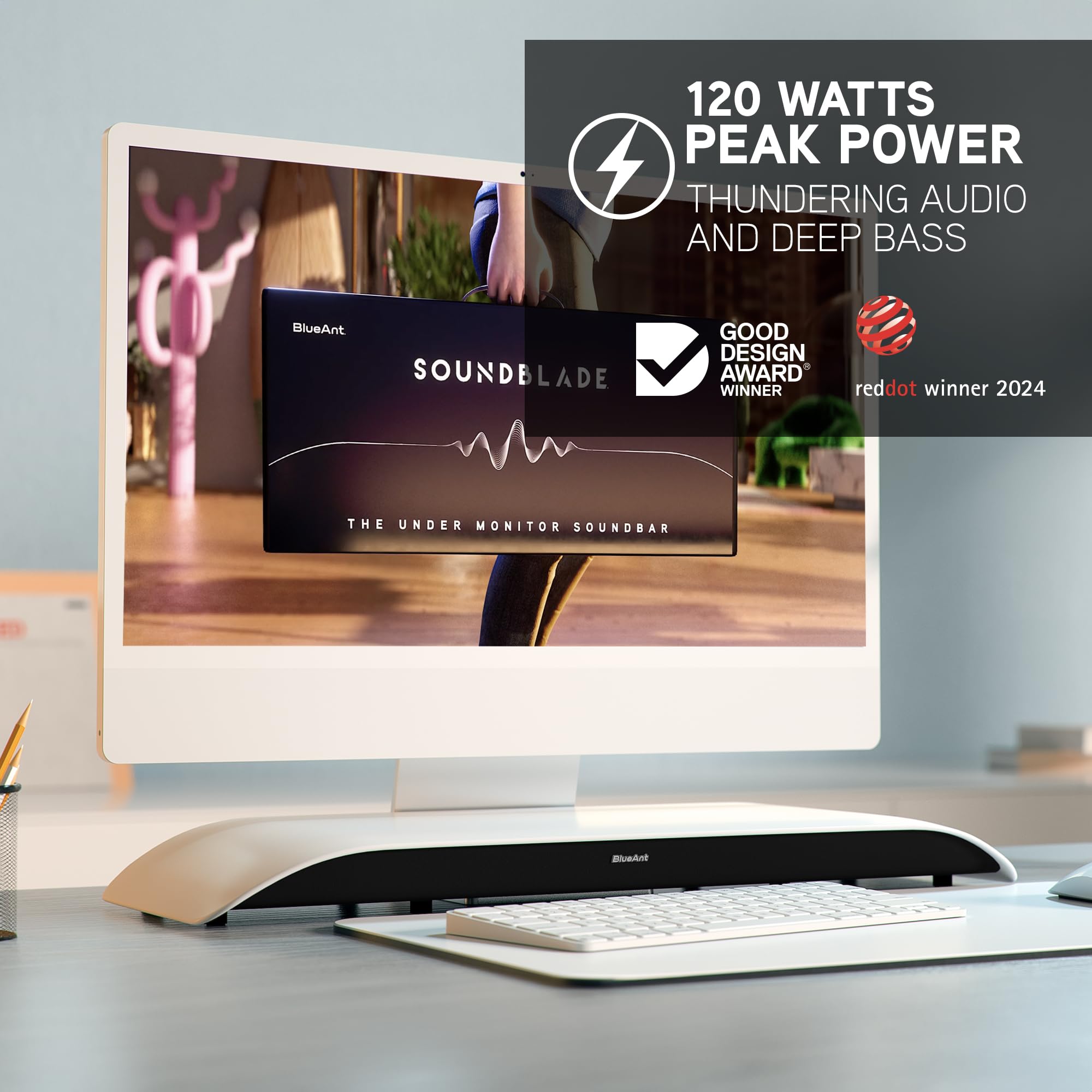 BlueAnt Soundblade Under Monitor Soundbar, Powerful 120 watt, 2.1 Channel USB-C, Bluetooth 5.3 Desktop Speaker for PC, Mac for Streaming Content, Music and Gaming. (White)