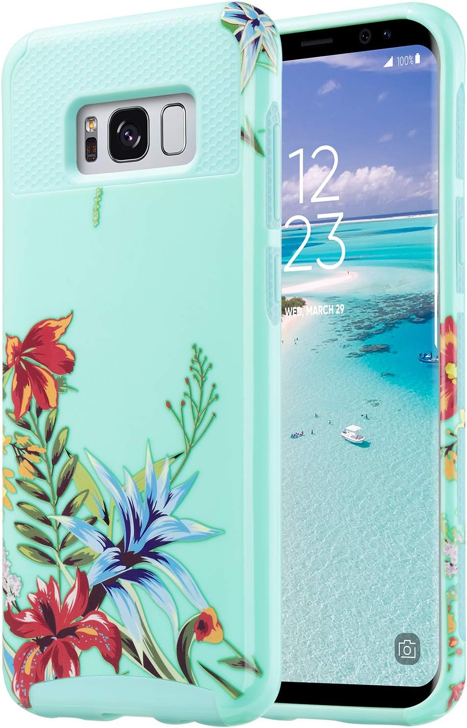 ULAK S8 Case, Galaxy S8 Case, Hybrid Case for Samsung Galaxy S8 2017 Release 2-Piece Dual Layer Style Hard Cover (Mint+Tropical Flower) Will not Fit S8 Plus