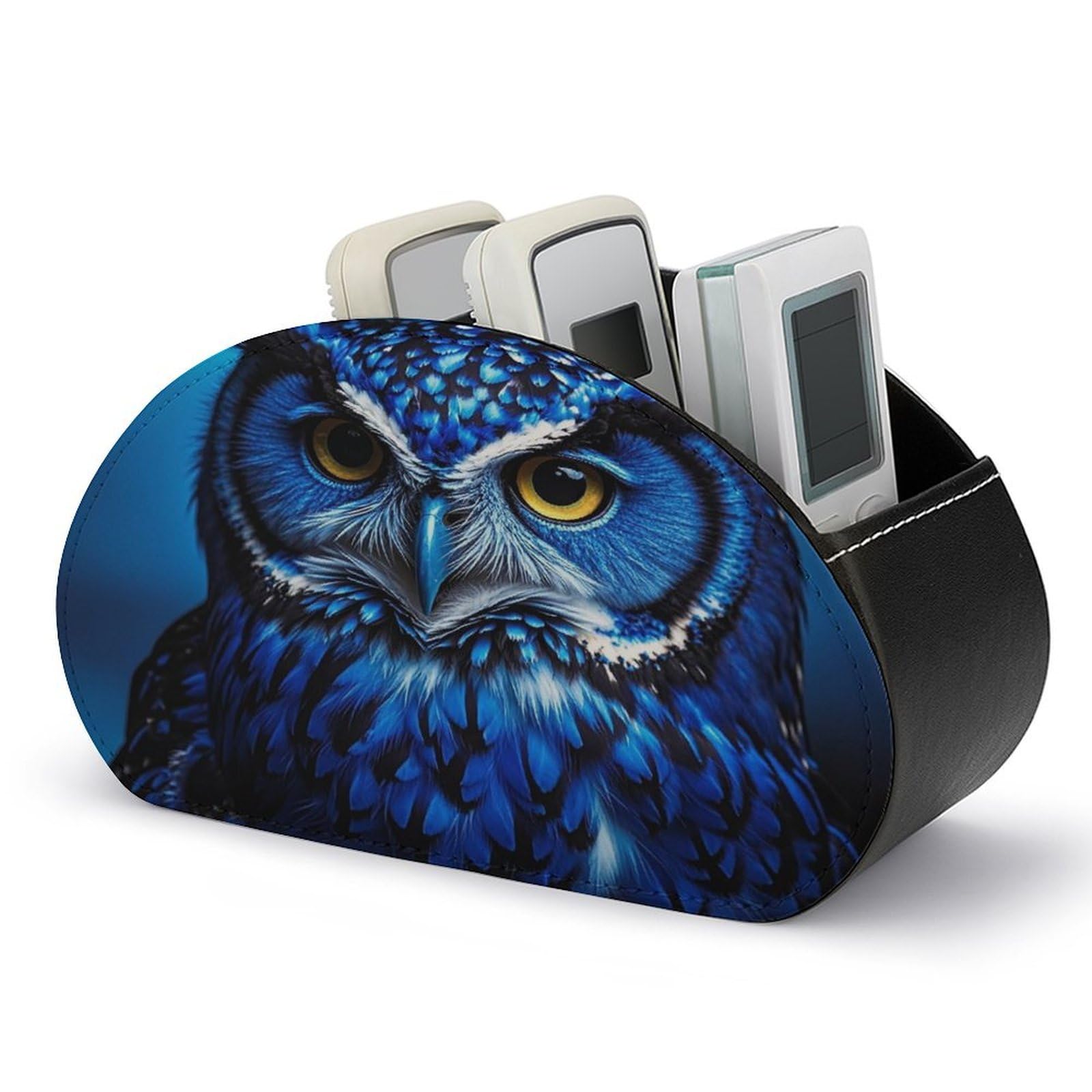FekiLoot Blue Owl TV Remote Control Holder with 5 Compartments Multi-functional Leather Bedside Table Remote Caddy Desktop Storage Box for Store Pen Controller Media Player Cosmetic