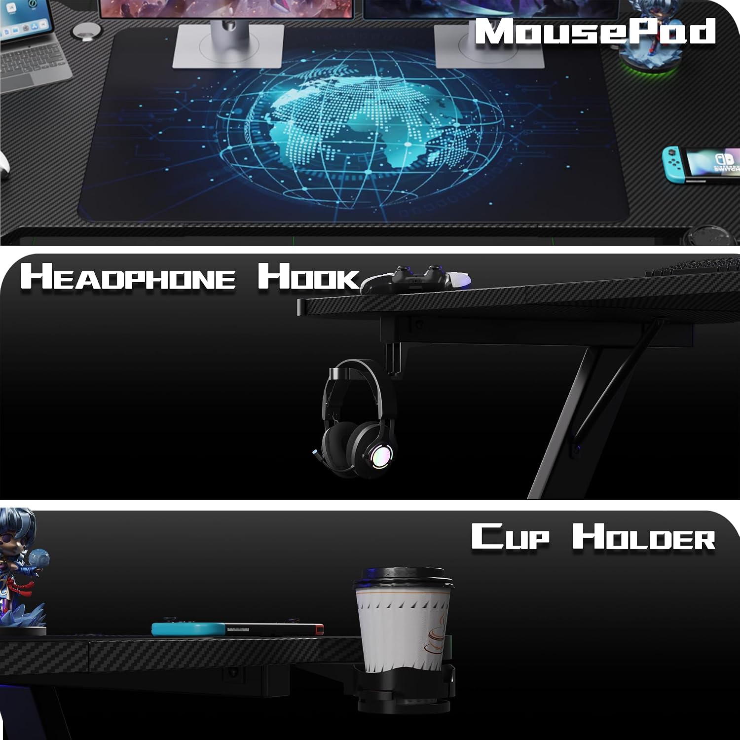 Diagram illustrating the sturdy Z-shaped design of the gaming desk