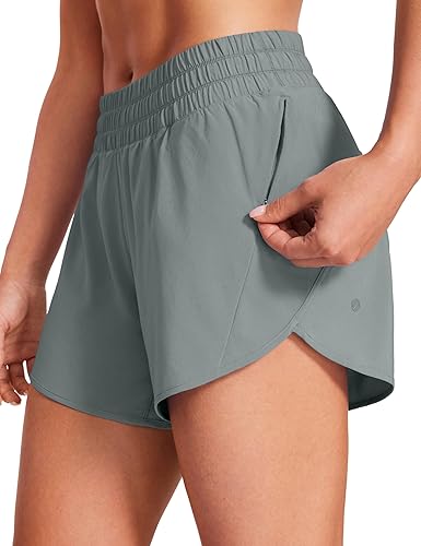 CRZ YOGA Womens Mid Waisted Running Shorts Liner - 5'' Quick Dry for Athletic Sport Workout Track with Zip Pocket - Medium - Grey Sage