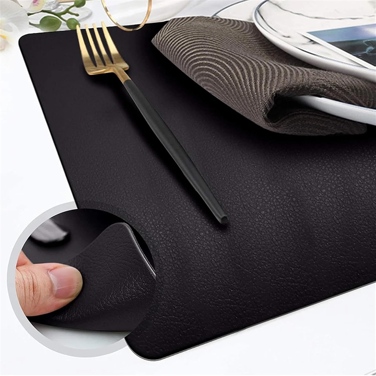 4PCS 30x45cm Black Placemat Faux Leather Polyester Mat for Kitchen Dining Stain-Resistant Decorations for Home Table(Placemat E)