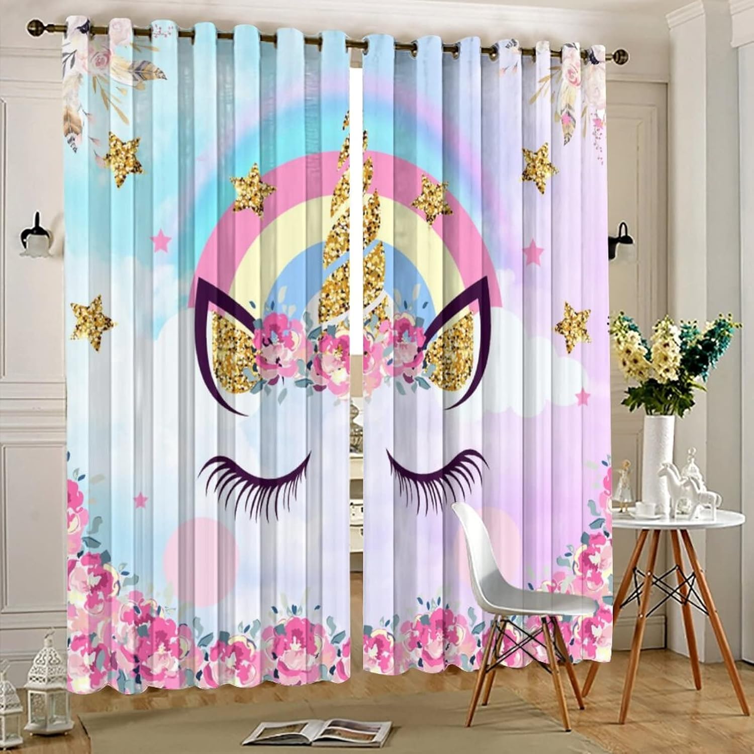 Cartoon Unicorn Ultra Soft Premier Blackout Curtains,Cute Rainbow Girly Pink Animal UnicornThermal Insulated Bedroom Noise Reducing Patio Door Grommet Top,2 Panels 63L x 27.5W
