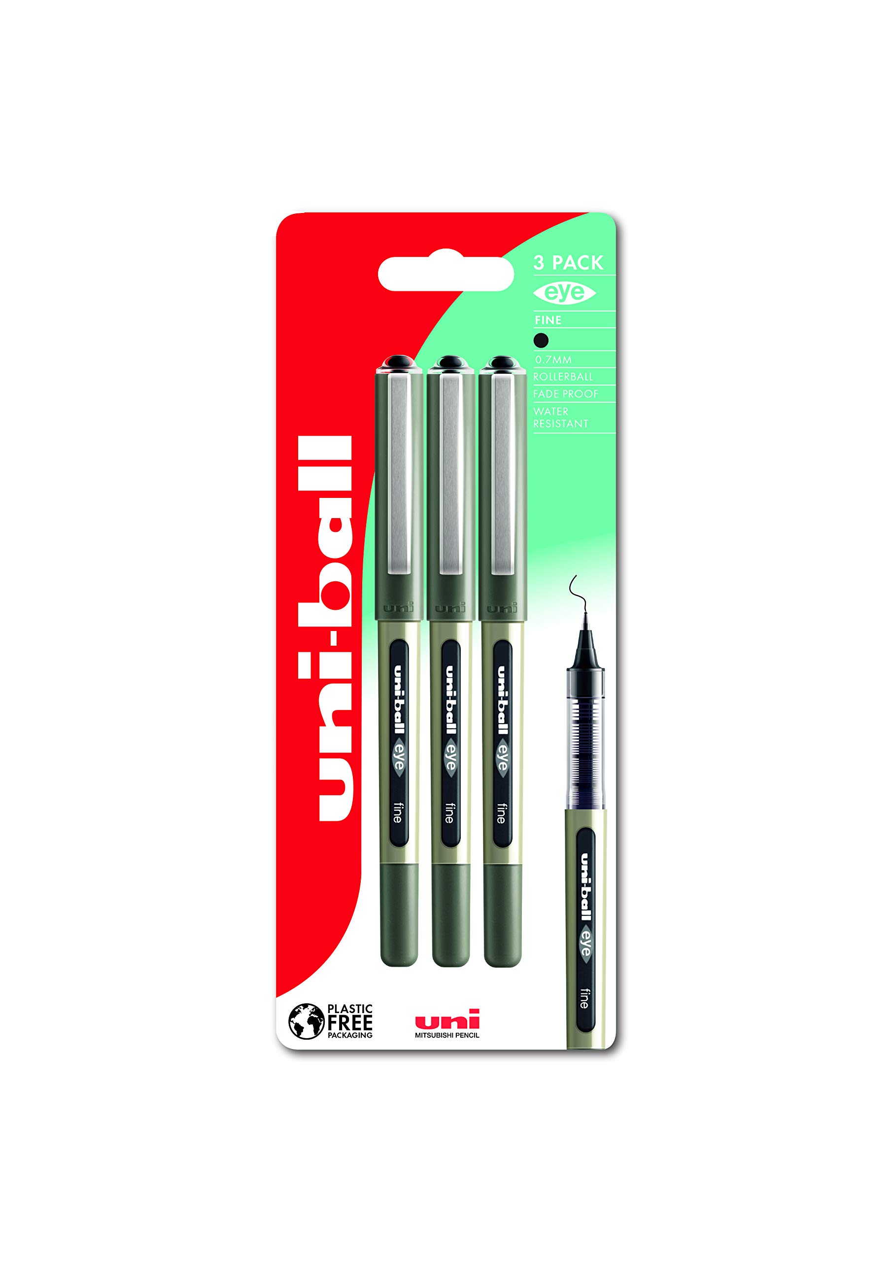 UB-157 Eye Rollerball Pens. Premium Fine 0.7mm Ballpoint Tip for Super Smooth Handwriting, Drawing, Art, Crafts and Colouring. Fade and Water Resistant Liquid Uni Super Ink. Pack of 3 Black