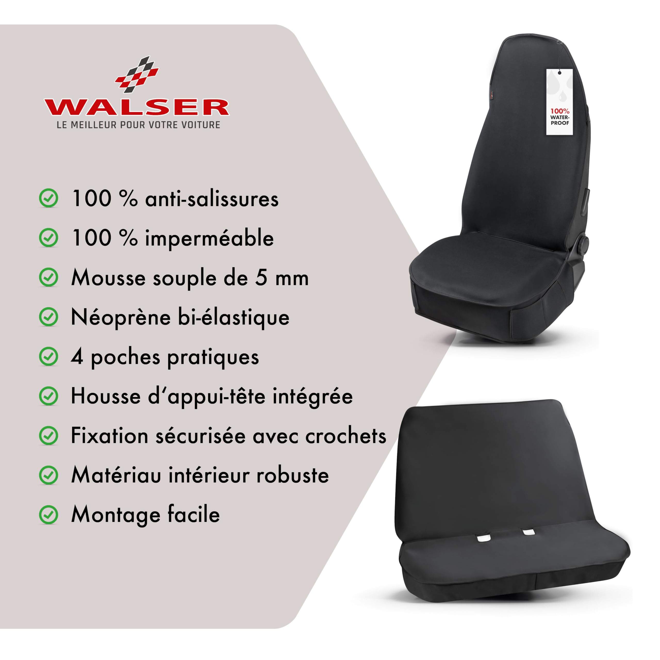 Walser Housse de siège Auto néoprène, Protection de siège Auto étanche, Housse de Protection Universelle pour Voiture/Camion, Noir
